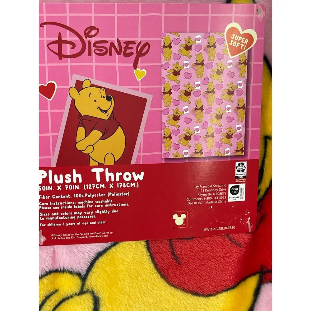 Disney Winnie the Pooh Pink Hearts Plush Throw Blanket 50 x 70 Soft Valentine's